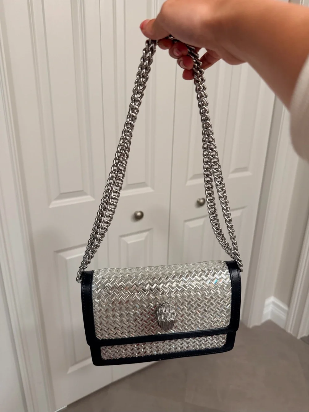 Kurt Geiger Silver Mirror Woven Crossbody with Black Trim and Silver Chain Strap